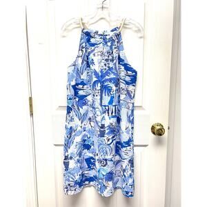 London Times Dress Blue White Linen Halter Tropical Rope Neck Nautical Size 12